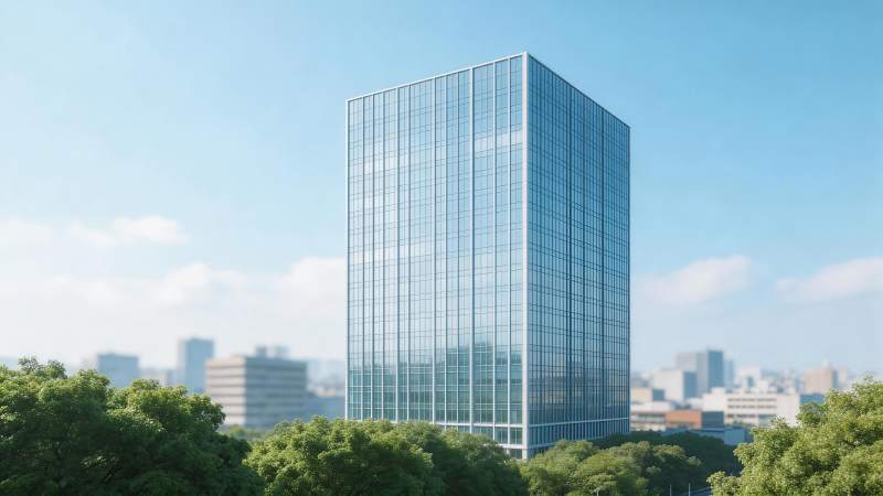 玻璃幕墙高层建筑矗立于绿树环绕城市中图片