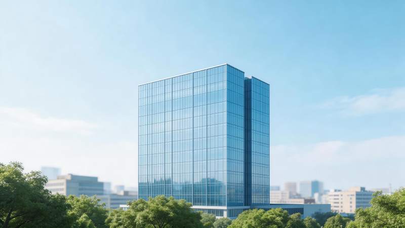 现代玻璃幕墙高层办公楼矗立于绿树蓝天之间图片