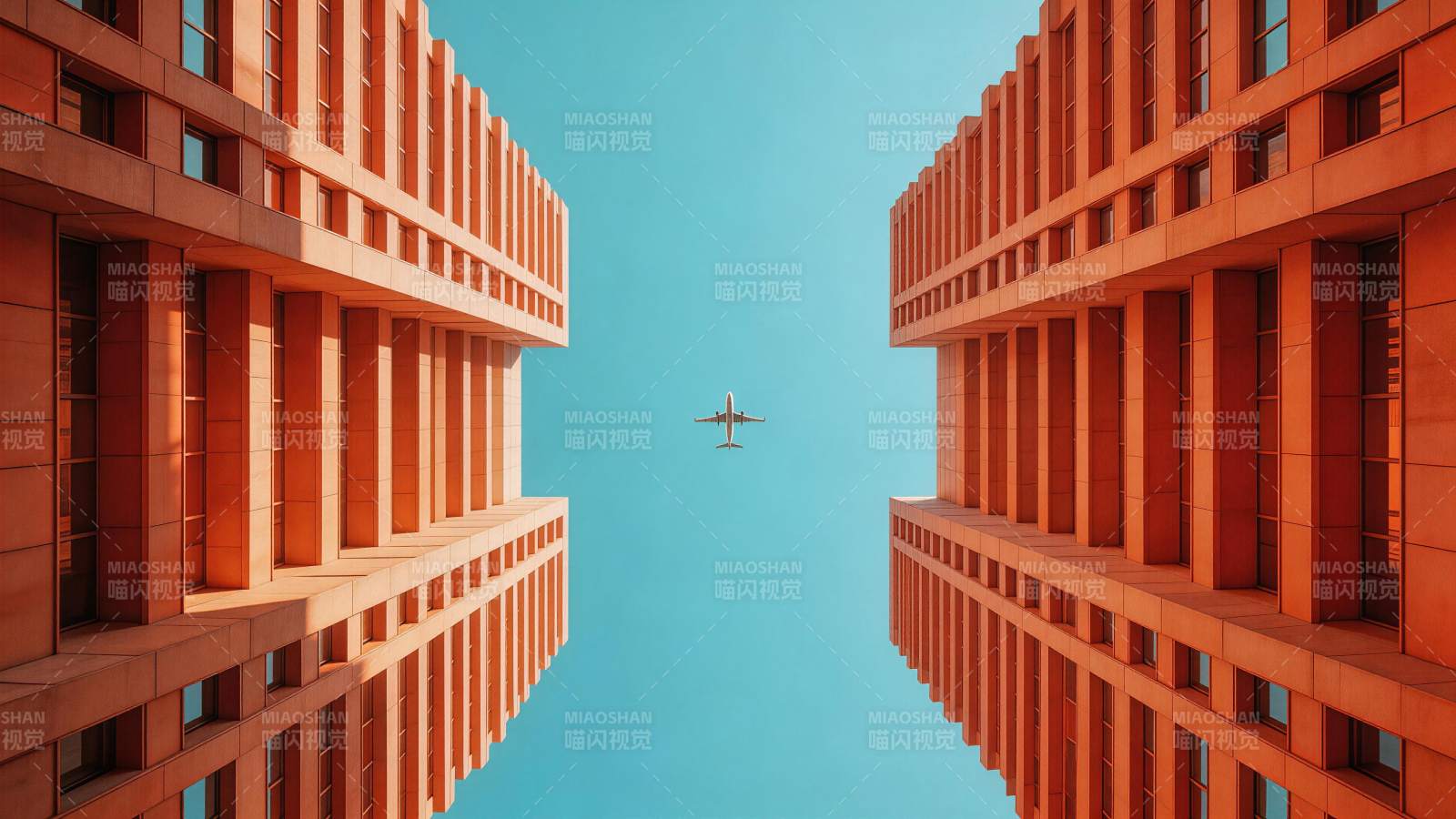 橙色高楼间飞行的客机仰视视角图片