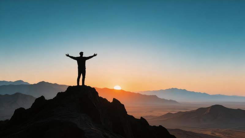 山顶剪影人物张开双臂迎接日出景象图片