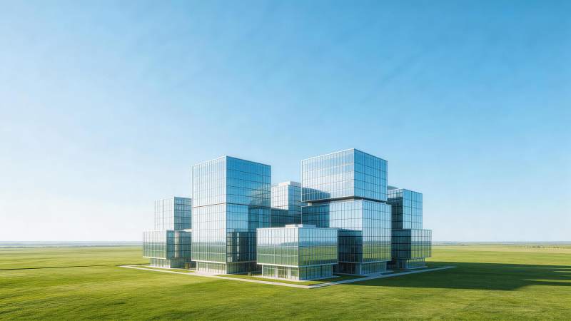 玻璃幕墙立方体建筑群矗立绿色草原之上图片