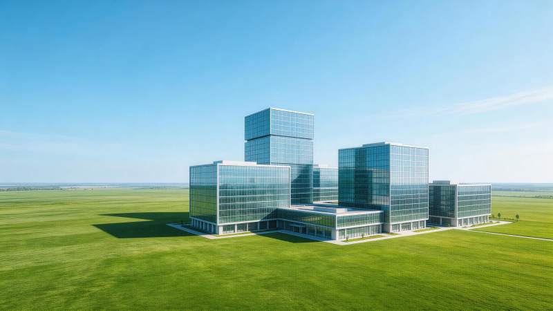 玻璃幕墙现代建筑群矗立于广阔绿野之中图片