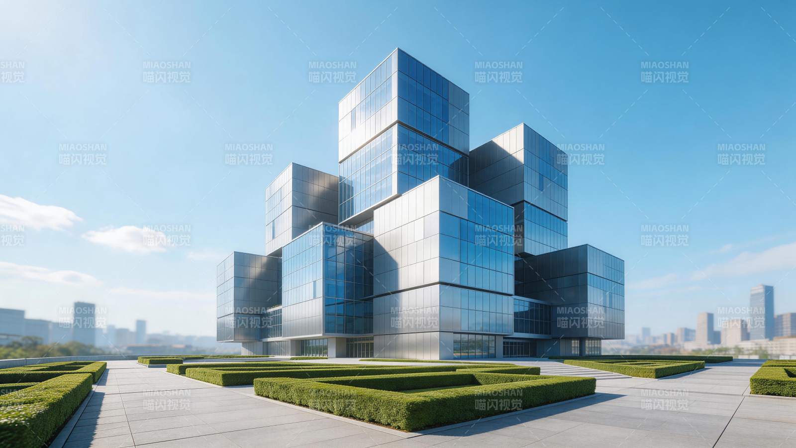 现代玻璃幕墙立方体建筑群与规整绿篱景观图片