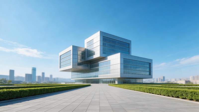 现代玻璃幕墙立方体建筑群与绿化步道图片