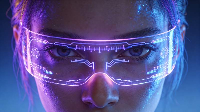 佩戴霓虹电路风格智能眼镜的女性特写图片