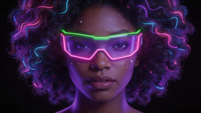 霓虹光效护目镜与卷发人物特写图片