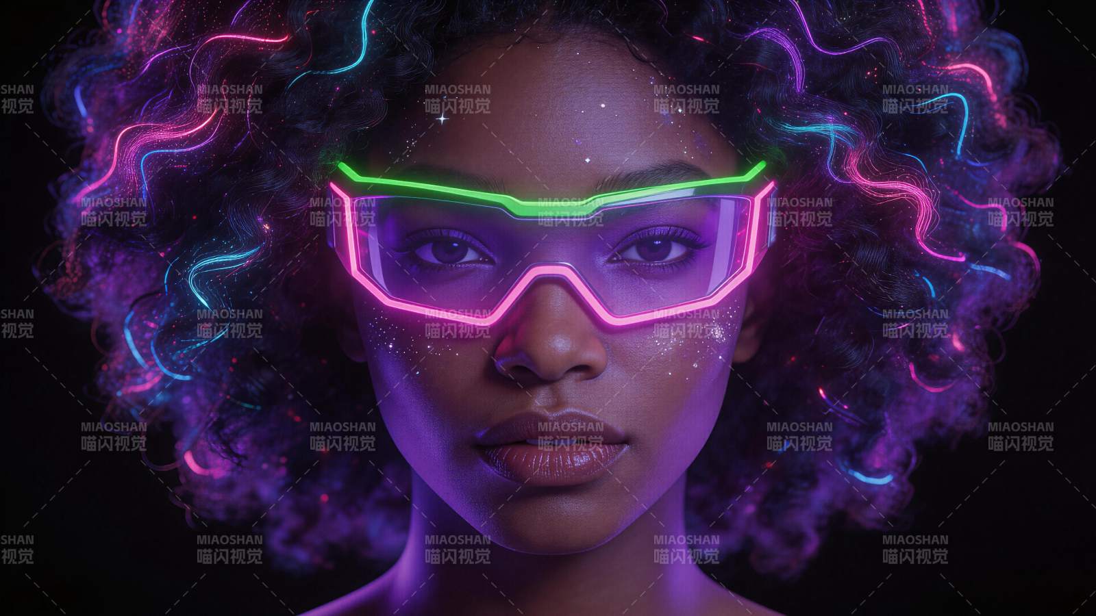 霓虹光效护目镜与卷发人物特写图片