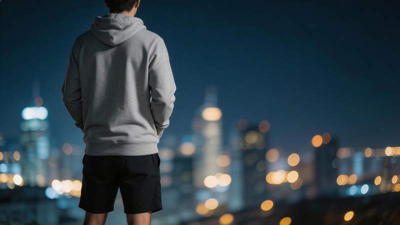 男子背影眺望夜色城市灯火景观图片