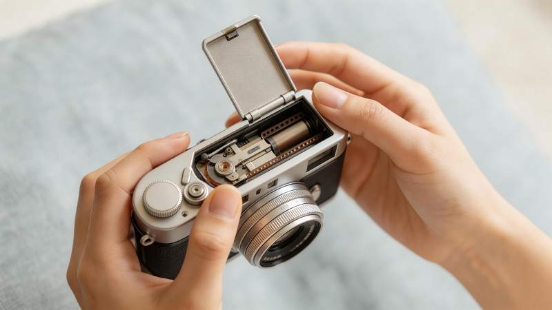 双手操作打开胶片相机后盖装胶卷图片