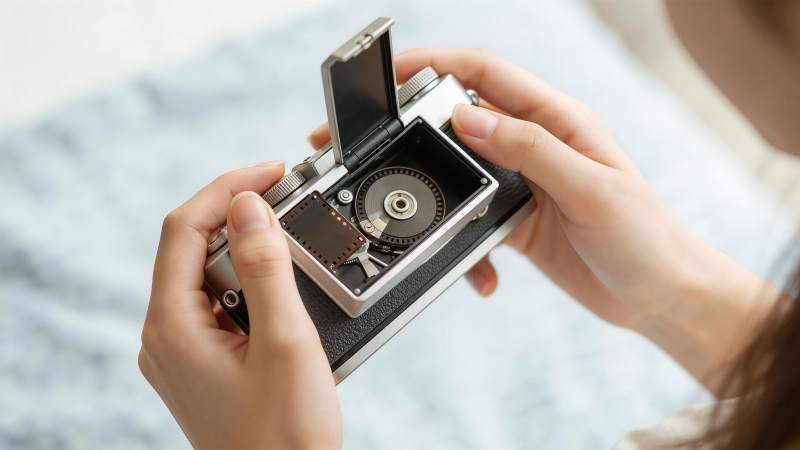 双手操作打开胶片相机后盖装胶卷图片