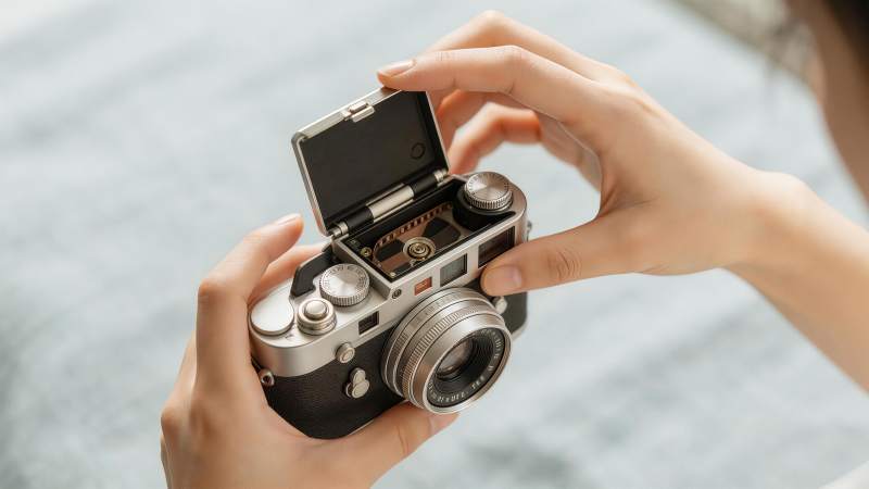 双手操作打开胶片相机后盖装胶卷图片