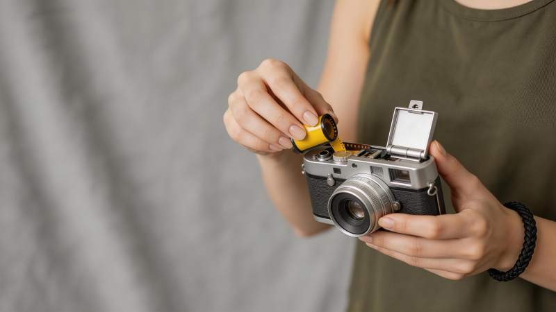 女子手持胶卷正装入复古相机中图片