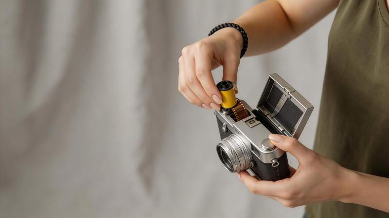 女性双手装入胶卷至复古相机中图片