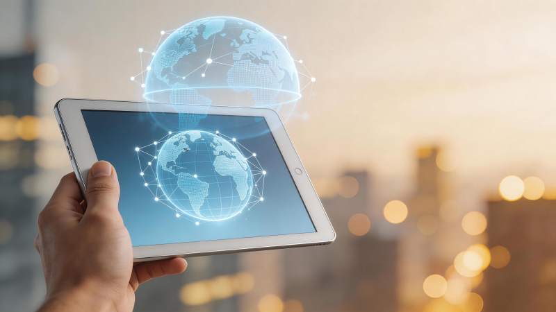 手持平板显示全息地球网络连接图像图片