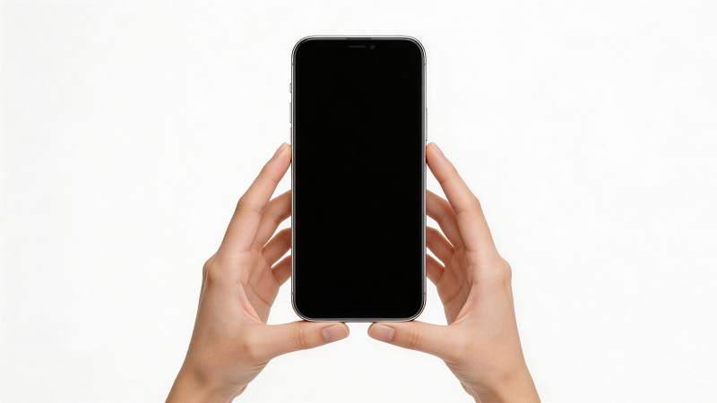 双手持握黑色屏幕智能手机特写图片