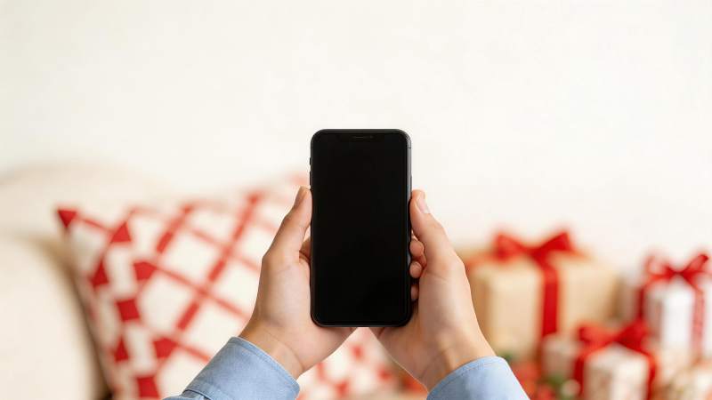 双手持黑色智能手机屏幕朝前展示图片