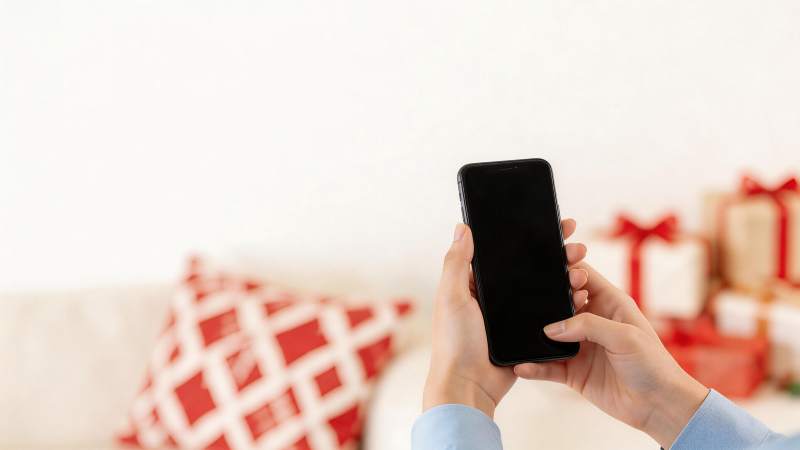 双手持黑色智能手机屏幕朝前展示图片