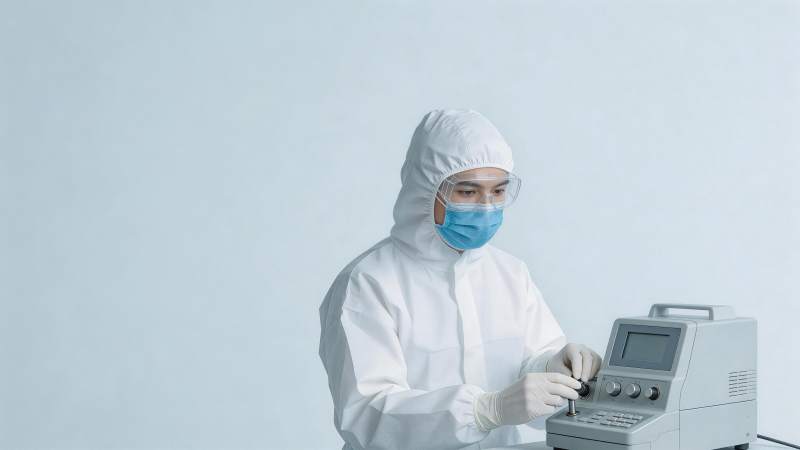 身穿防护服人员操作检测仪器进行实验图片