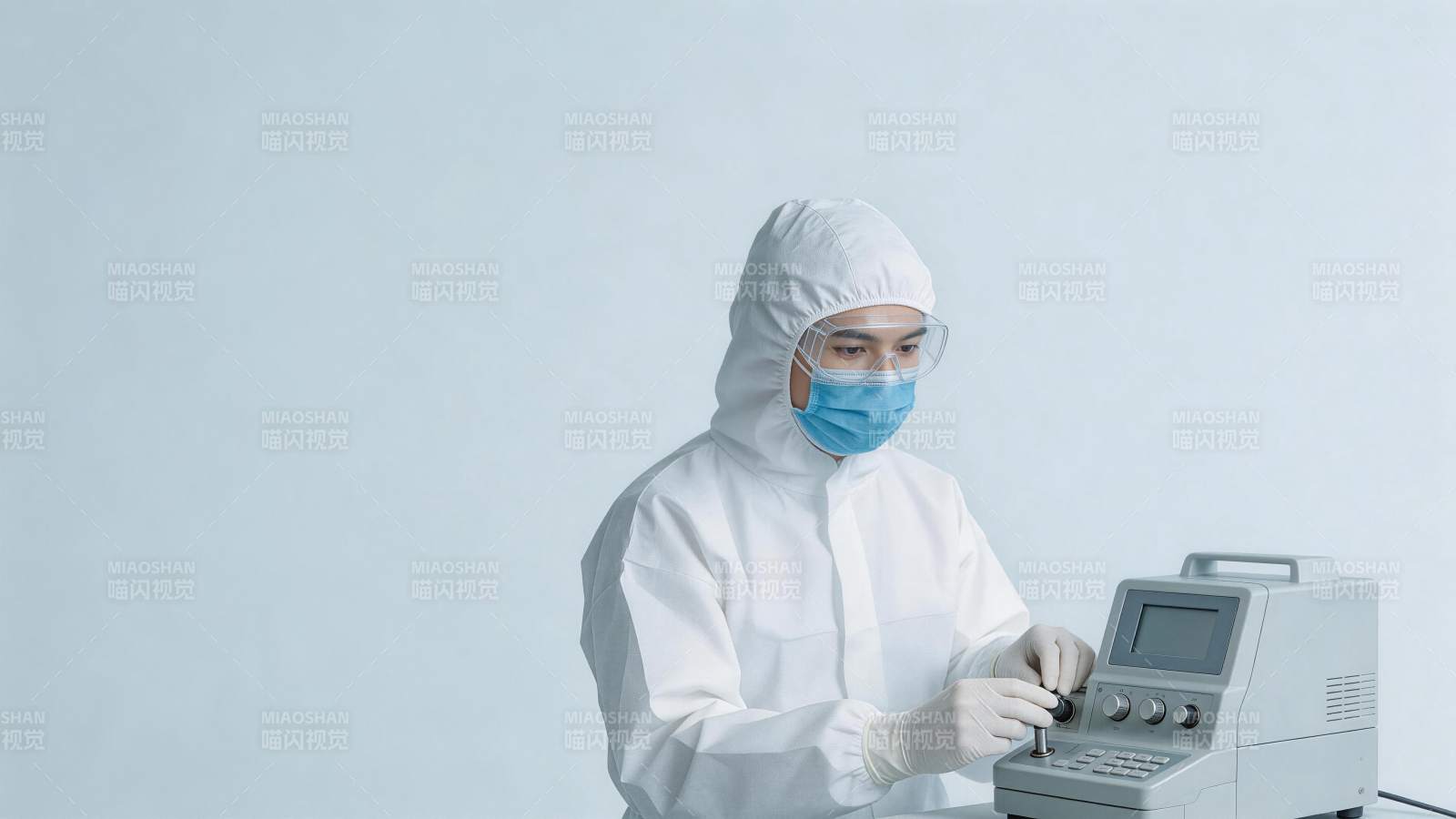身穿防护服人员操作检测仪器进行实验图片