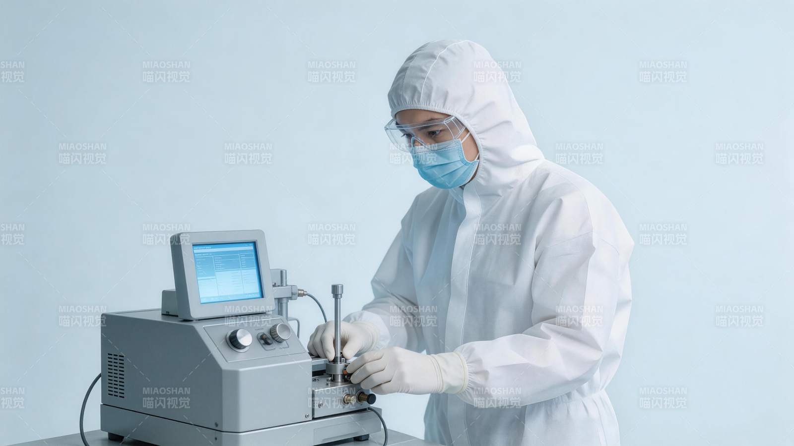 身穿防护服人员操作精密检测仪器图片