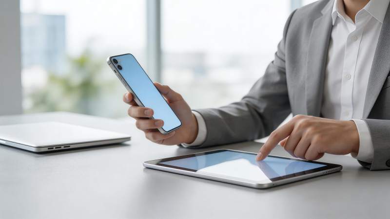 商务人士同时操作手机平板与笔记本电脑图片