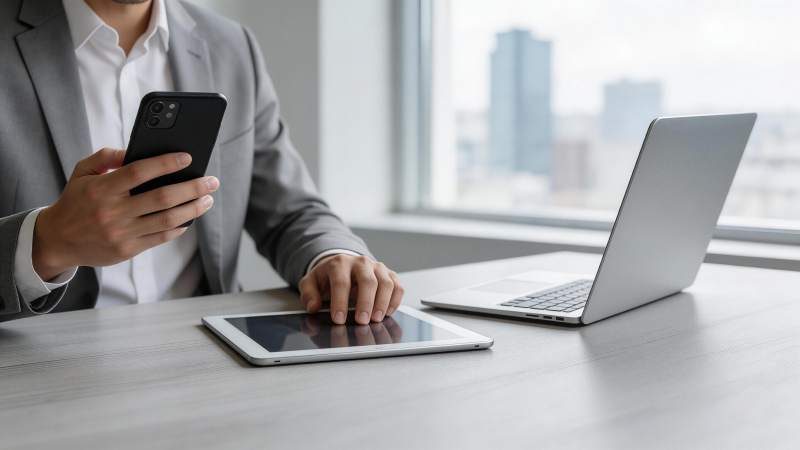 商务人士手持手机操作平板与笔记本电脑图片