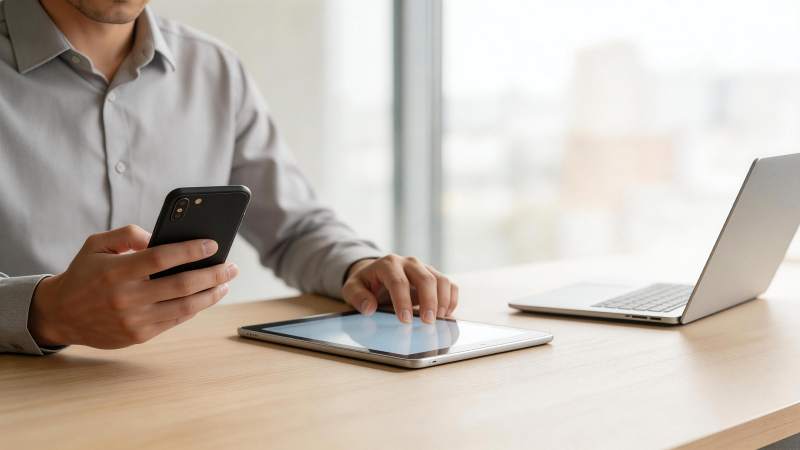 办公桌前男子手持手机操作平板电脑图片