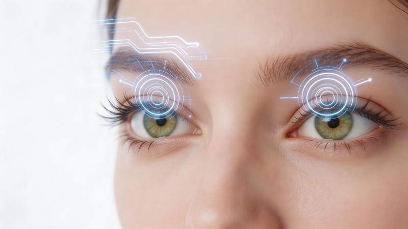 人眼上方叠加蓝色科技感全息界面图案图片