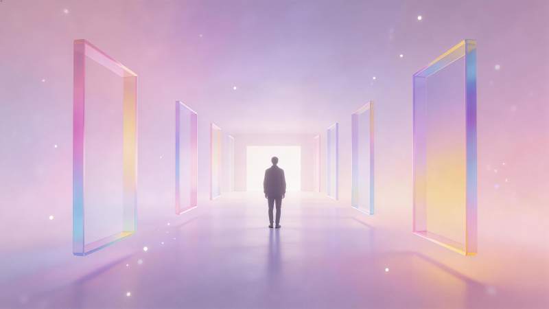 一人背影立于多扇彩色透明门廊通道中图片