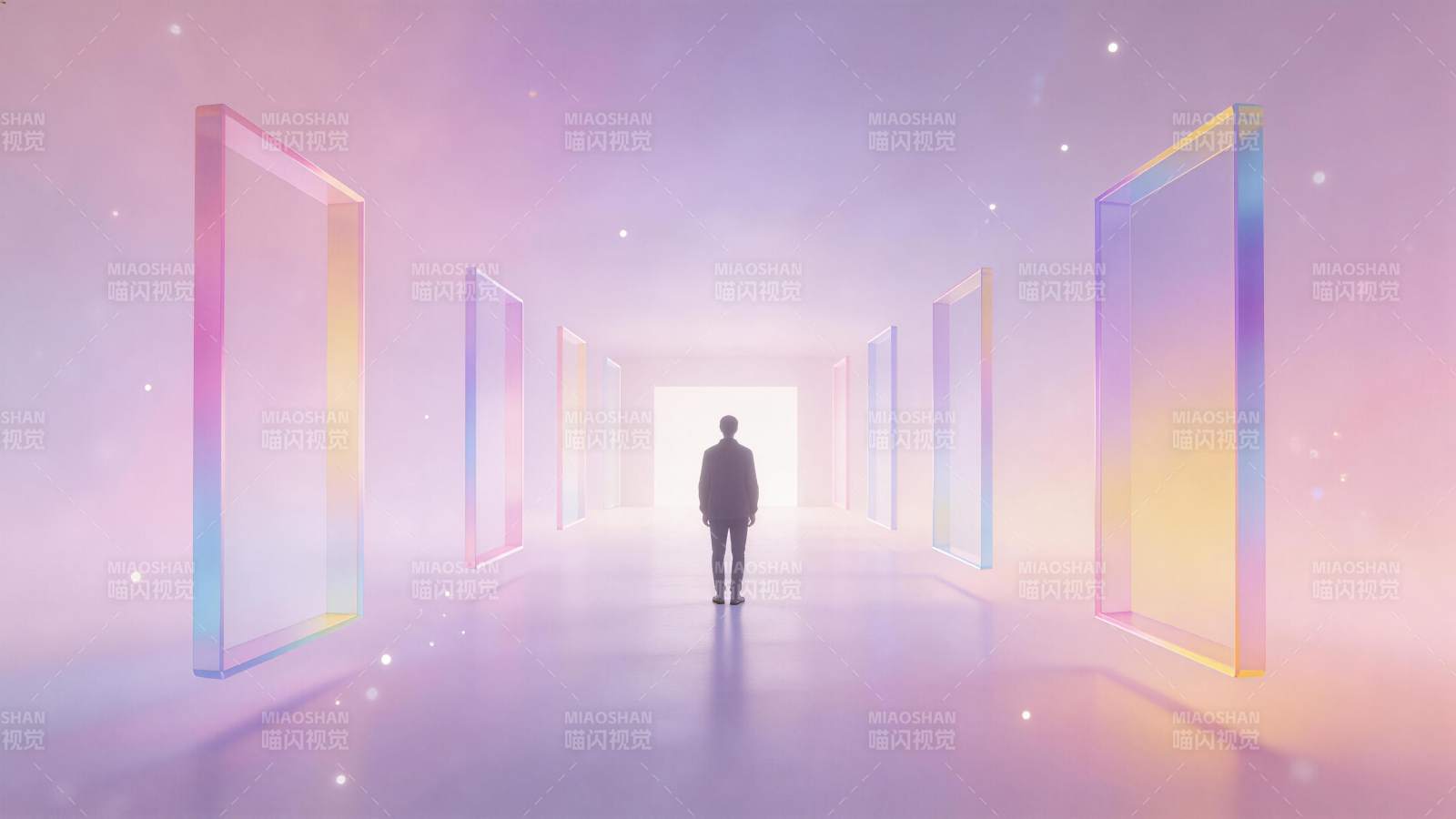 一人背影立于多扇彩色透明门廊通道中图片