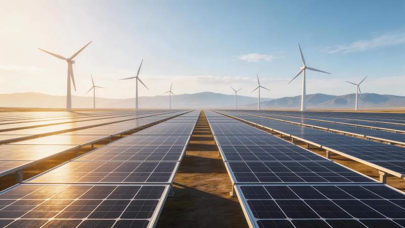 太阳能电池板阵列与风力发电机并排布局图片