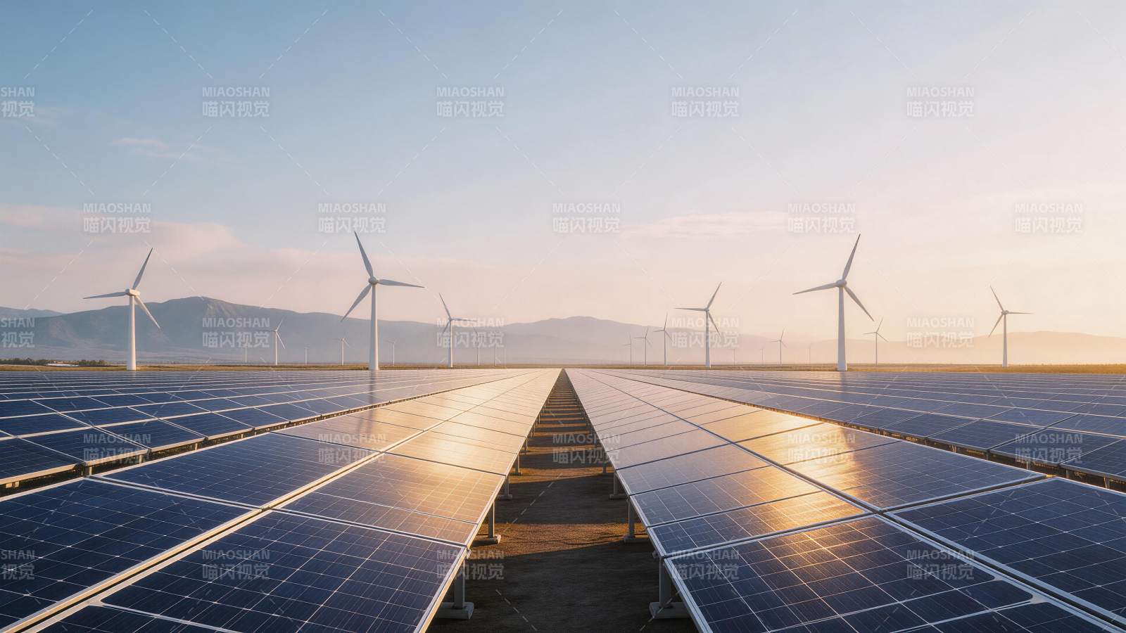 太阳能板阵列与风力发电机并排分布的清洁能图片