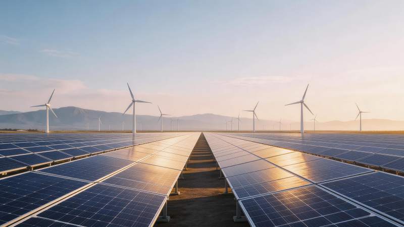 太阳能板阵列与风力发电机并排分布的清洁能图片