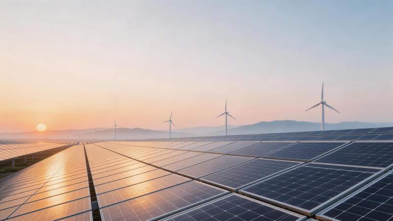 日出时分的太阳能板与风力发电机阵列图片