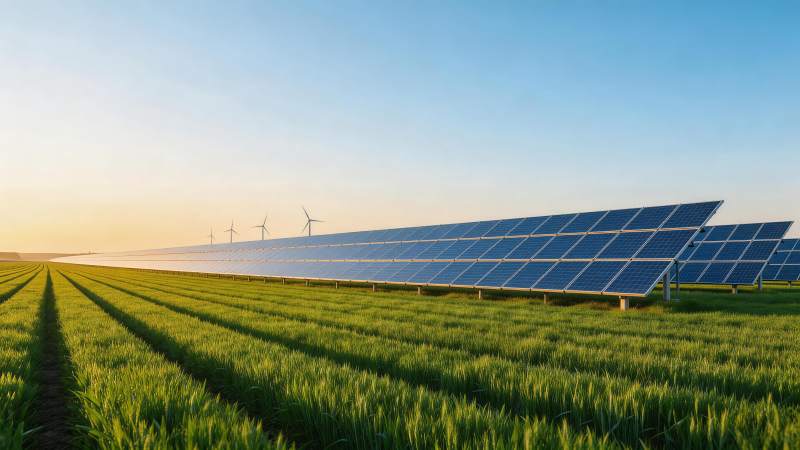 田野中排列整齐的太阳能电池板与风力发电机图片