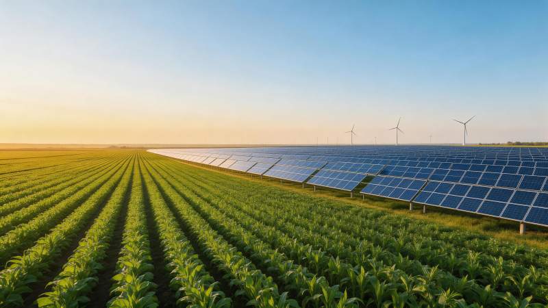 农田旁排列整齐的太阳能电池板与风力发电机图片