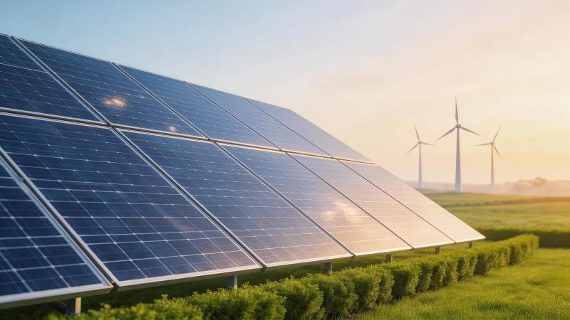 太阳能电池板阵列与远处风力发电机并存图片