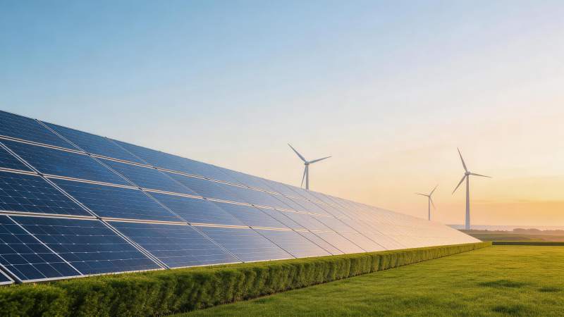 太阳能电池板阵列与远处风力发电机并列景观图片