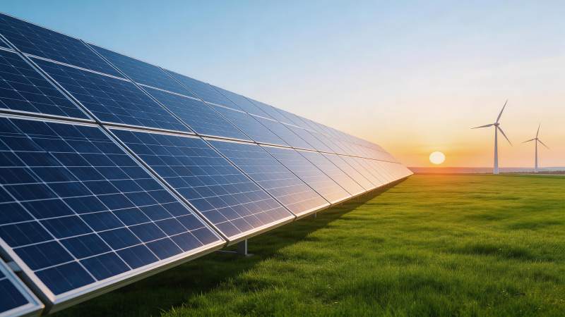 太阳能板阵列与风力发电机共存于田野日落时图片