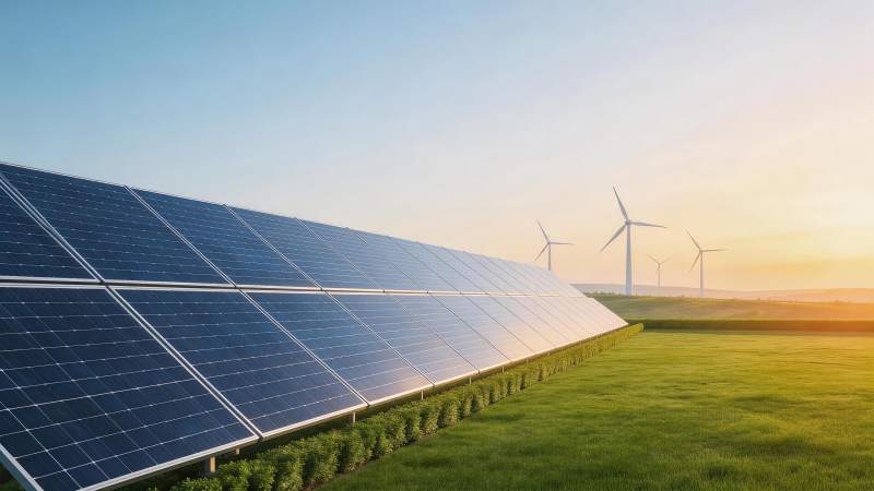 太阳能电池板阵列与远处风力发电机并存景观图片