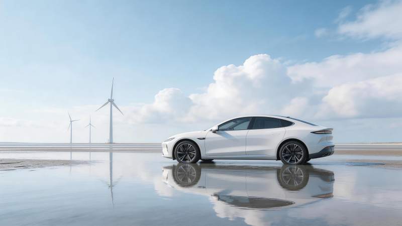 白色新能源轿车停在湿地风车背景前图片