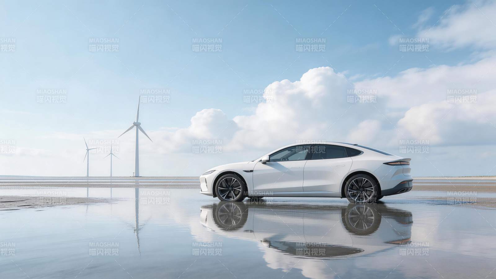 白色新能源轿车停在湿地风车背景前图片