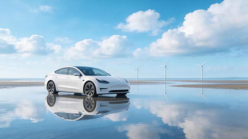 白色电动汽车停在浅水滩风力发电机背景前图片