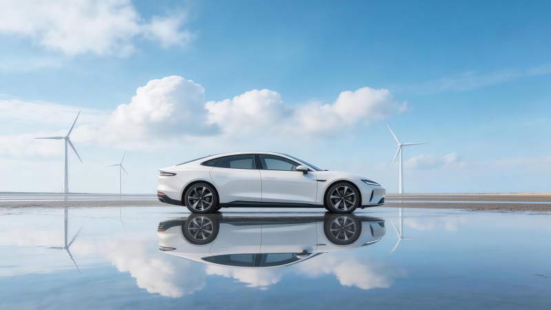 白色轿车停于水面倒影中风车背景图片