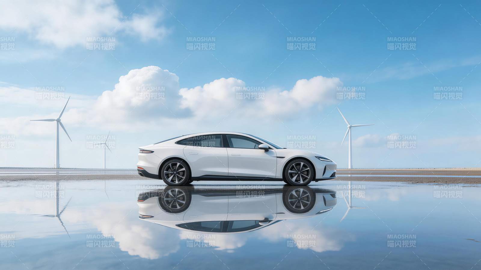 白色轿车停于水面倒影中风车背景图片