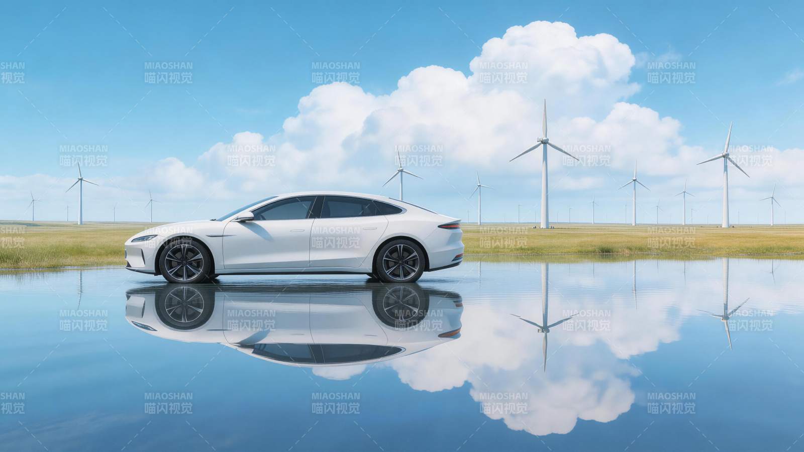 白色轿车停于水面倒影风车田野间图片