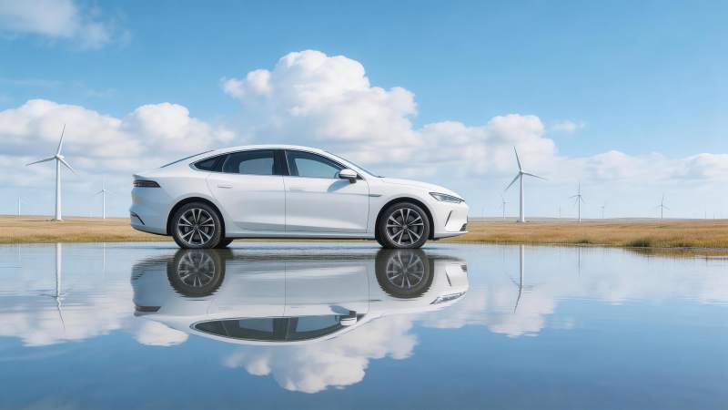 白色轿车停于水面倒影中风车田野背景图片