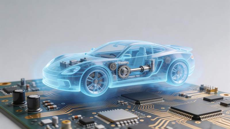 透明跑车悬浮于电路板之上展示智能汽车结构图片