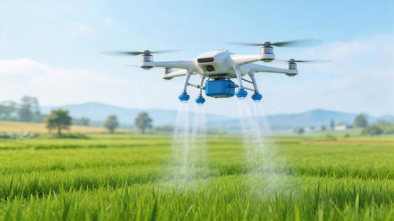 农业无人机在绿色稻田上空喷洒作业图片