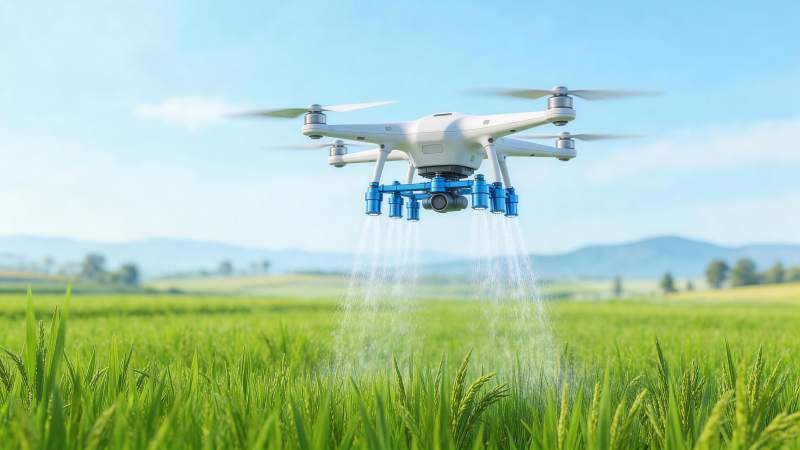 白色无人机在绿色农田上空喷洒作业图片